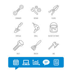 Spanner repair tool, spatula and bolt icons. Bucket of paint, axe and brush linear signs. Drill, pliers flat line icons. Report file, Graph chart and Chat speech bubble signs. Vector