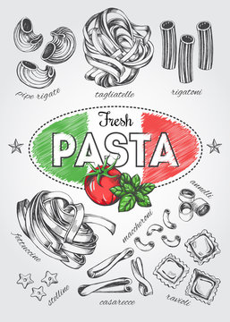 Different types of authentic Italian pasta. Hand drawn set. Vector illustration in vintage style. Menu or signboard template for restaurant.