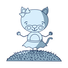 blue color shading silhouette scene sky landscape and grass with caricature cute expression female kitten in skirt with bow lace vector illustration