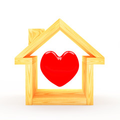Obraz na płótnie Canvas Wooden house icon with red heart inside isolated on a white background. 3D illustration 