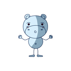 blue color shading silhouette caricature of cute hippopotamus astonished expression vector illustration