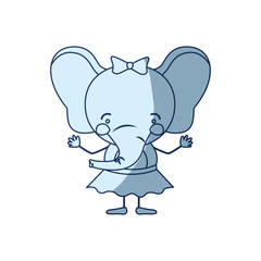 blue color shading silhouette caricature of cute expression female elephant in skirt with bow lace vector illustration