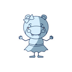 blue color shading silhouette caricature of cute expression female hippo in skirt with bow lace vector illustration
