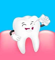Cute cartoon tooth character drinking milk with gum. Dental  care concept. Illustration isolated on blue background.