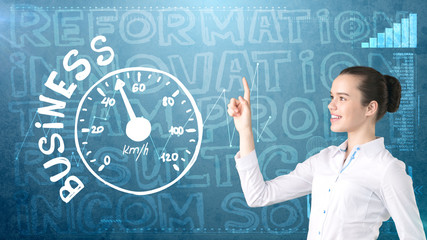 Beauty businesswoman on painted background with marketing words. Advertising, investment and business plan concept