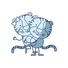 blue color shading silhouette caricature with couple of tigers one carrying the other cute animals love vector illustration