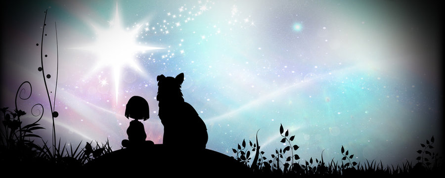 Girl with Dog cartoon characters in the real world silhouette art photo manipulation