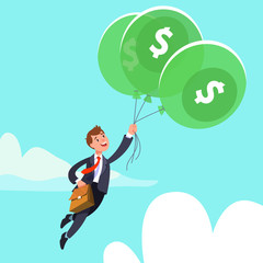 Happy businessman in business suit flying in the sky holding balloons with dollar sign. Concept of success, wealth, abundance
