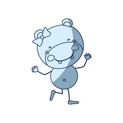 blue color shading silhouette caricature of cute expression female hippo in dance pose with bow lace vector illustration