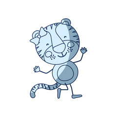 blue color shading silhouette caricature of cute expression female tigress in dance pose with bow lace vector illustration