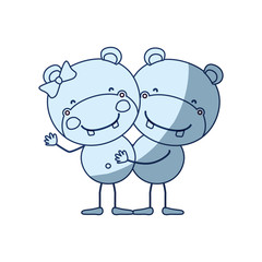blue color shading silhouette caricature with couple of hippos embraced vector illustration