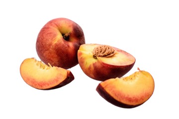 Fototapeta na wymiar Peaches whole and sliced halves with a bone isolated on white background