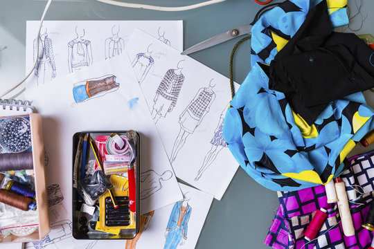 Equipment and sketches of fashion designer