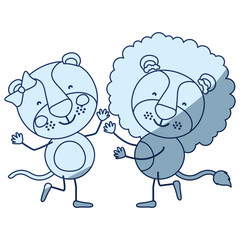 blue color shading silhouette caricature with couple of lioness and lion dancing vector illustration