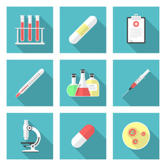 Medical icons set with long shadow. Flat design style. Medical equipment simple silhouette. Modern, minimalist icon in stylish colors. Web site page and mobile app design vector element.