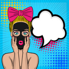 Beautiful sexy girl blonde hair pink bow, wow oops face open mouth in style pop art cosmetic black mask. Comic book retro halftone background. Vector advertise illustration. Comic text speech bubble.