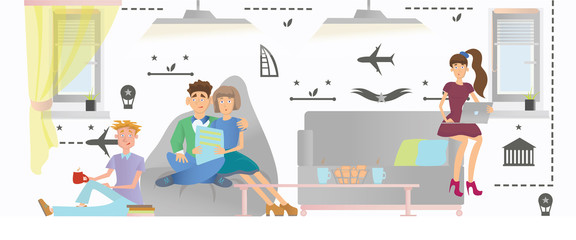 Young people relax in a public area of a hostel or hotel. Vector illustration.