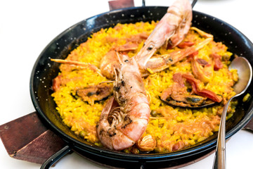 Prawn with rice - closeup of prawn with rice - traditionnal spanish food paella