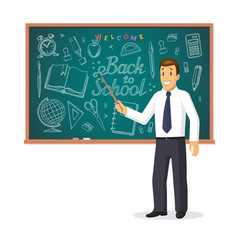 Welcome back to school concept. Smiling teacher with pointer stick standing in front of school chalkboard with hand drawn lettering and set of doodle icons of school supplies . Vector illustration