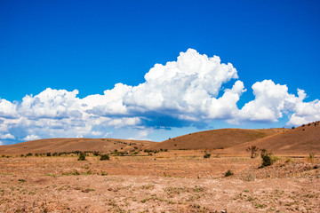 Desert landscape. Blue sky with white clouds. Summer steppe landscape. Hot desert with mountains view.