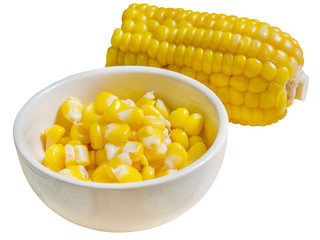 close up of sweetcorn seed in white cup for cooking isolated on white background