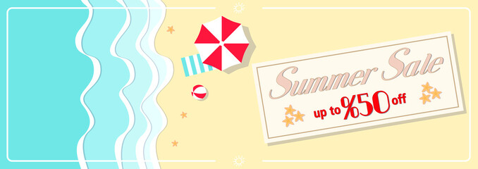 Summer sale banner with umbrellas beach ball star fishes by the sea 