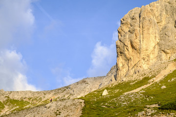 Fototapeta premium Hiker on the trail to Planika hut, Julian alps