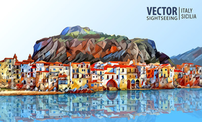 Coast of Cefalu, Palermo - Sicily. Architecture and landmark. Landscape. Ancient cityscape. Vector illustration. - obrazy, fototapety, plakaty