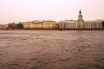 Architecture of Saint-Petersburg, Russia. The Neva river and Kunstcamera museum