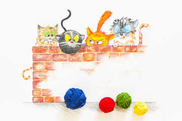 A group of cartoon style cats hiding behind a red brick wall and longing for the colorful wool balls in front. Hand drawn illustration combined with real yarn.