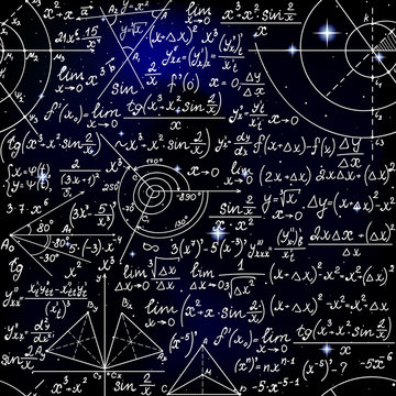 Math space vector seamless pattern with handwritten formulas, figures and algebra equations on starry cosmic background