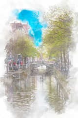 Canal in Deflt, Spring, Holland, digital watercolor illustration

