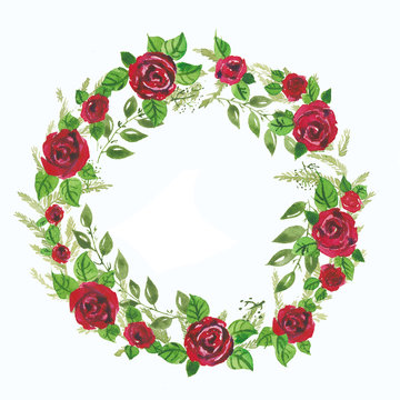 Red roses and green leaves watercolor illustration wreath