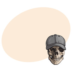 Hand drawn human skull wearing grey colored unlabelled baseball cap, sketch vector illustration with space for text. Realistic hand drawing of skull wearing baseball cap