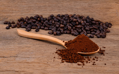  coffee beans and ground coffee on a wooden background