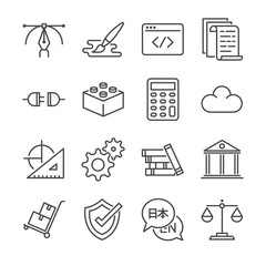 Freelance jobs line icon set 1. Included the icons as graphic design, coding, logistic, translate, web design and more.