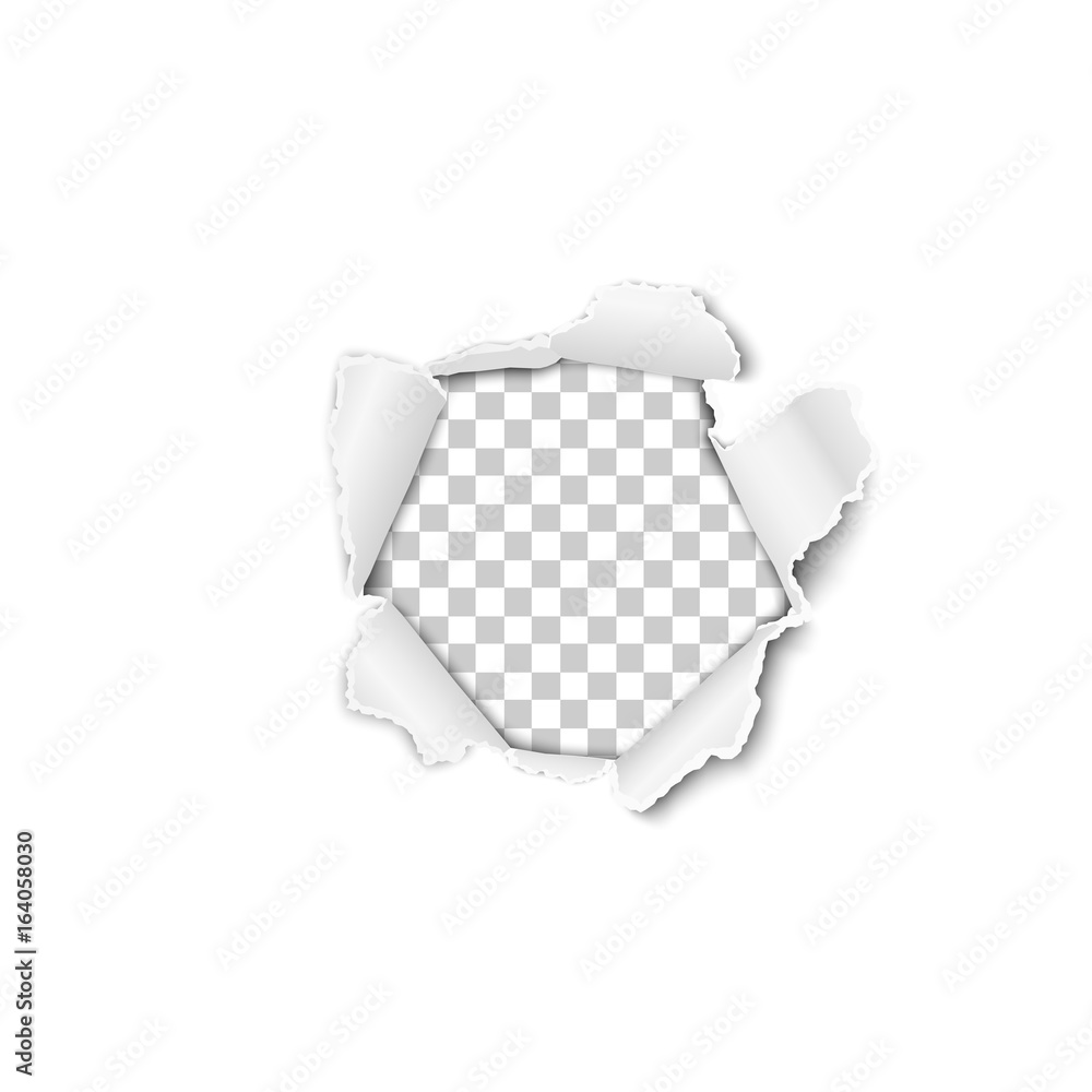 Sticker torn hole in the sheet of white paper. transparent background of the resulting window. vector templa