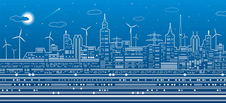 Urban city scene, town infrastructure illustration, modern skyline, white lines on blue background, vector design art 