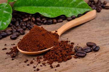  coffee beans and ground coffee on a wooden background