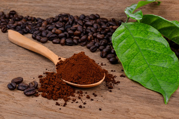  coffee beans and ground coffee on a wooden background