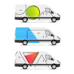 Set of branding design templates white bus in modern geometric style. Mock up transport for advertising, business and corporate identity.