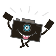 Cartoon cute photo camera in modern children style. Funny character. Vector illustration.