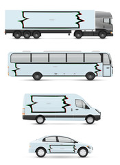 Design branding vehicles for advertising and corporate identity. Mock up for transport. Passenger car, bus and van. Graphics elements with distorted glitch style.