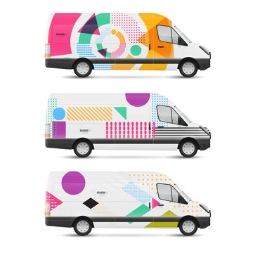 Set of branding design templates white bus in modern geometric style. Mock up transport for advertising, business and corporate identity.