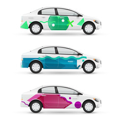 Naklejka premium Mockup of white passenger car. Set of design templates for transport in modern geometric style. Branding for advertising, business and corporate identity.
