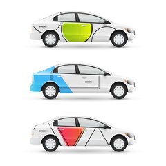 Mockup of white passenger car. Set of design templates for transport in modern geometric style. Branding for advertising, business and corporate identity.