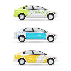 Mockup of white passenger car. Set of design templates for transport in modern geometric style. Branding for advertising, business and corporate identity.