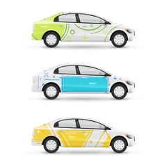 Stickers pour porte Course de voitures Mockup of white passenger car. Set of design templates for transport in modern geometric style. Branding for advertising, business and corporate identity.