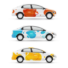 Naklejka premium Mockup of white passenger car. Set of design templates for transport in modern geometric style. Branding for advertising, business and corporate identity.