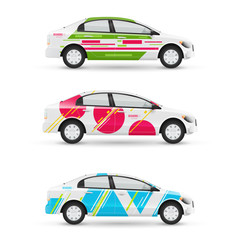 Mockup of white passenger car. Set of design templates for transport in modern geometric style. Branding for advertising, business and corporate identity.